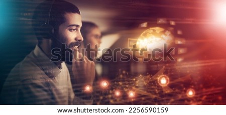 Call center, customer service and hologram overlay with a man consultant working on global ai for support. Contact, 3d and futuristic world with a male consulting in his international support office Royalty-Free Stock Photo #2256590159