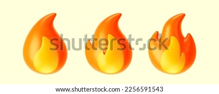 3d fire flame icons set isolated on light background. Render sprite of fire emoji, energy and power concept. 3d cartoon simple vector illustration
