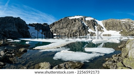 Ice Floes in Glacier Mountain Lake, Folgefonna National Park, Hardanger, Jondal, Norway Royalty-Free Stock Photo #2256592173