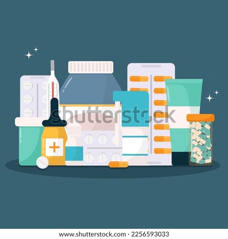Set of medicines with labels. Medical supplies. Pharmaceutics concept.Vector illustration
 Royalty-Free Stock Photo #2256593033
