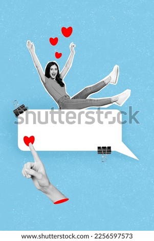 Composite collage picture image of excited energetic young woman boyfriend message heart lover dating hand point notification contact