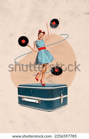 Creative poster collage of active excited energetic young lady retro vintage clothes vinyl recorder lover meloman party theme discotheque Royalty-Free Stock Photo #2256597785