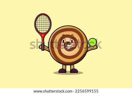 Cute cartoon Cookies character playing tennis field in flat cartoon style illustration