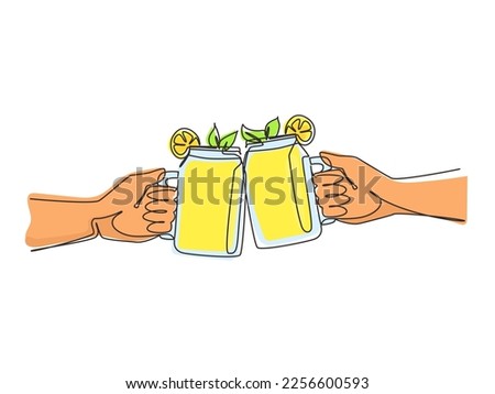Single continuous line drawing close-up of two hands holding a lemonade cocktails in glass jars and toasting. Friendly hang out in city park. Summer vacation and picnic. One line draw design vector