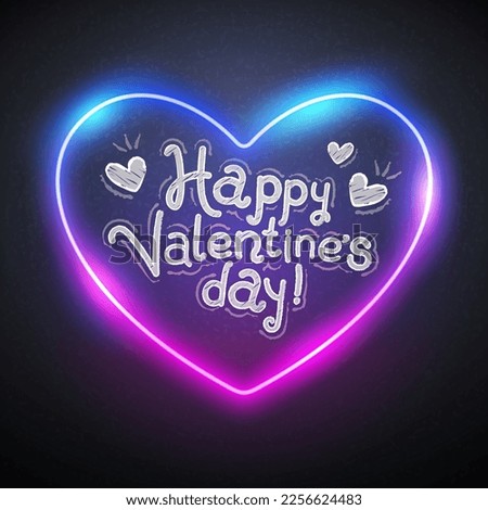 Hand Drawn Happy Valentine's Day Chalk Lettering on Chalkboard Blackboard Background with Neon Heart. Vector clip art.