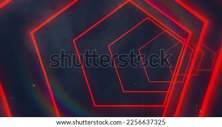 Composite of red neon hexagon tunnel over black background. Colour, abstract and pattern concept digitally generated image.