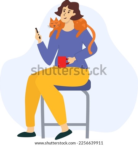 Smiling woman with cat lying on his neck looking in smartphone vector illustration
