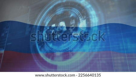 Composite of cryptocurrency sign, scope and flag of russia. Ukraine crisis, politics and finance concept digitally generated image.