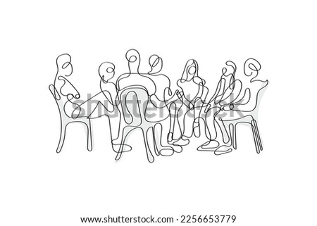 Continuous line art vector of a group of teenagers sitting casually in a group. Royalty-Free Stock Photo #2256653779