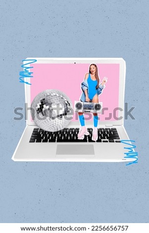 Vertical abstract collage picture of mini girl hold boombox show v-sign ride rollers disco ball big netbook isolated on creative background