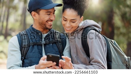 Couple, hiking and selfie, outdoor and travel, black woman and man together out in nature with technology and backpacking in woods. Hiker on adventure, relationship and photo with smartphone.