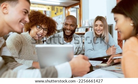 Teamwork, education or students with tablet in library for research, collaboration or project management. Smile, happy or university people with tech for learning, scholarship study or web search