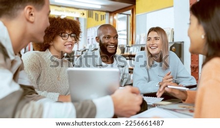 Teamwork, education or students with tablet in library for research, collaboration or project management. Group, happy or university people smile on tech for learning, scholarship study or web search