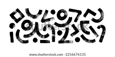 Brush drawn circles and curved lines. Geometric elements isolated on white background. Thick geometric brush strokes. Wavy and curly lines, round shapes, vector shapes. Bold stripes, abstract forms.