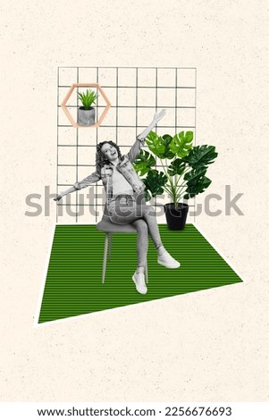 Vertical collage picture of excited cheerful girl black white effect sit chair drawing house interior plants isolated on painted background