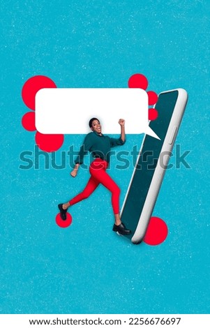 Vertical collage picture of mini cheerful person walking big telephone screen empty space dialogue bubble