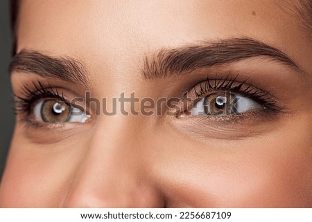 Cropped image of beautiful female face, eyes over grey studio background. Brow and lashes lamination. Botox. Concept of natural beauty, skin care, cosmetology, cosmetics, health, fashion