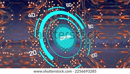 Composition of scope scanning and computer circuit board over cityscape. Global technology, computing and digital interface concept digitally generated image.