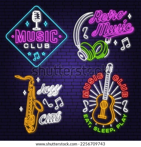 Retro music neon poster, banner. Neon sign, emblem, bright signboard, light banner with retro headphones, saxophone, classical acoustic guitar. Vector illustration. Advertising bright neon for night