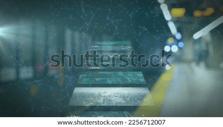 Composition of data processing and network of connections over railway station. Global technology, computing and digital interface concept digitally generated image.