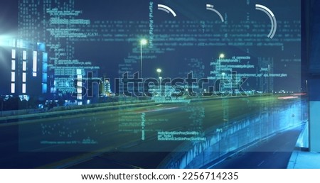 Image of data processing over cityscape. Global business, connections, computing and data processing concept digitally generated image.