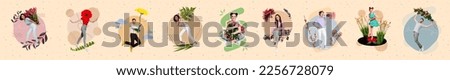Collage collection picture of group company people fresh natural flowers isolated on painted background