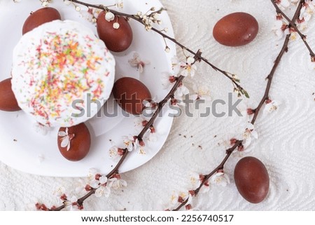 Easter background with colored eggs, colored easter eggs and blooming branches. Easter composition. Easter cake
