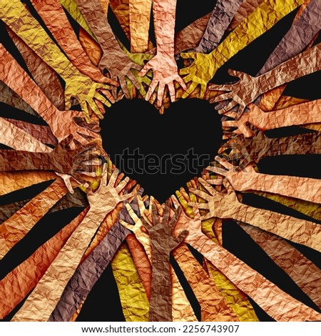 Black cultural or African Culture Love and Black History month awareness as diverse hands shaped as a heart for united diversity or multi-cultural partnership in a group. Royalty-Free Stock Photo #2256743907