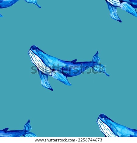 Watercolor painting whale on a blue background. Illustration for posters, cards, T-shirt prints and your other ideas. Watercolor sketch with animal.