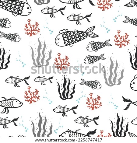 Sea fish algae and corals seamless pattern. Vector hand draw print. Sea ​​life