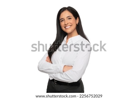 Beautiful brunette business woman entrepreneur with big natural smile, bright and cheerful with arms folded, isolated white background Royalty-Free Stock Photo #2256752029