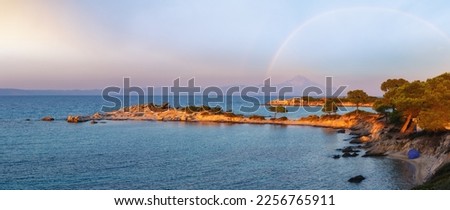 Aegean sea coast landscape, sunset view from Karidi beach (Chalkidiki, Greece).