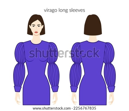 Virago sleeves Marmaluke clothes - puff dresses in beautiful women, tops, shirts technical fashion illustration with fitted body. Flat apparel template front, back sides. Women, men unisex CAD mockup