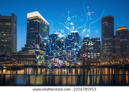 City view panorama of Boston downtown Harbor and Seaport Blvd at night time, Massachusetts. Hologram of Artificial Intelligence concept. AI and business, machine learning, neural network, robotics