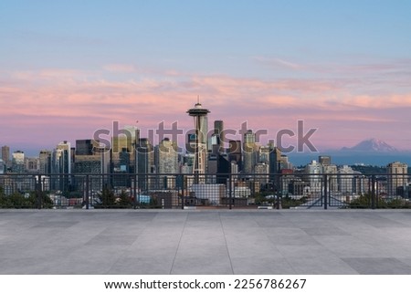 Skyscrapers Cityscape Downtown, Seattle Skyline Buildings. Beautiful Real Estate. Sunset. Empty rooftop View. Success concept.