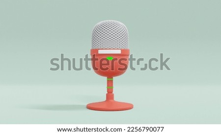 3D illustration of cute desktop red microphone and glow green light button, indicating switch on isolated on green background with clipping path.