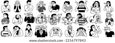 Big collection of various people's facial emotion expression, happy, sad, shocked, scared, angry, laughing, crying, etc. Outline, hand drawn sketch, black and white ink style. 