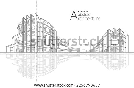3D illustration linear drawing. Imagination architecture urban building design, architecture modern abstract background.  Royalty-Free Stock Photo #2256798659