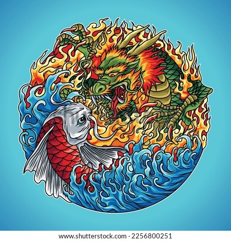 Koi is Japanese which means carpet fish. Dragon, a legendary creature similar to a reptile. koi come face to face with dragons from a background both of which differ between fire and water.