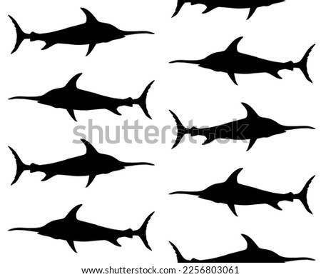 Vector seamless pattern of hand drawn swordfish silhouette isolated on white background
