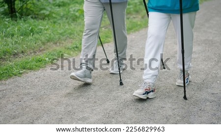 Persons walk scandinavian trekking sticks. People hold nordic poles in green forest park. Pair sport stroll. Man womans sneakers shoes close up. Hiker couple walking training. Nordic feet step closeup Royalty-Free Stock Photo #2256829963