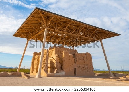 Casa Grande Ruins National Monument is a historic ruin built by Hohokam people in 13th century in Coolidge, Arizona AZ, USA. Casa Grande means Big House.  Royalty-Free Stock Photo #2256834105
