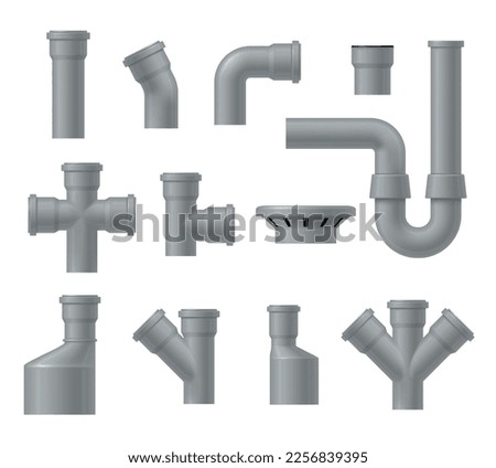 Plastic waste pipes industrial pipeline tubes plumbing pressure system set realistic vector illustration. Water tube plastic filter plumbing connect faucet sewage. Construction canalization technology Royalty-Free Stock Photo #2256839395