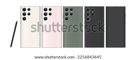 Modern smartphone with stylus isolated on white background. Front and back of Vector smartphone illustration. Phone with edge side style and with Pen. Vector illustration. Royalty-Free Stock Photo #2256843645