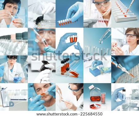 Enthusiastic scientists work in modern biological facility, picture set