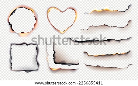 Burned paper realistic set with isolated stripes and holes of burnt paper with flames of fire vector illustration Royalty-Free Stock Photo #2256855411