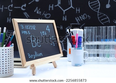 beryllium and symbol structural formula chemical on the blackboard, Chemistry in the classroom