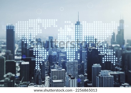 Multi exposure of abstract graphic world map on Chicago cityscape background, big data and networking concept