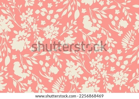 bicolor contour silhouette seamless pattern with flowers and leaves. Abstract floral spring, summer pattern. Royalty-Free Stock Photo #2256868469