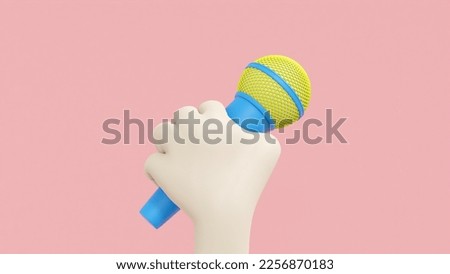 3D illusrtation of cute left hand holds microphone isolated on pink background with cartoon style. Clipping path.